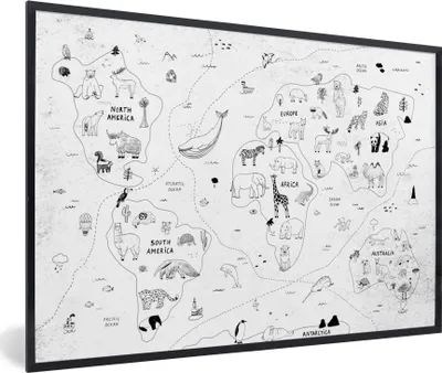 Produktbild von MuchoWow® MuchoWow® Gerahmtes Poster Weltkarte - Kinder - Weiß - Schwarz 90x60 cm - Poster mit zchwarzem Bilderrahmen - Fotorahmen - Foto-Plakat
