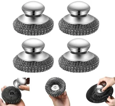 Produktbild von 4 Stücke - Spülborsten - Stahlborsten Rostfreier Stahl - Pfannenspülborsten - Spülborsten mit Griff Spülmittel - Stahlborsten - RVS-Spiral Stahlwolle - Stahlwolle Reinigungsschwamm - aus Rostfreiem Stahl