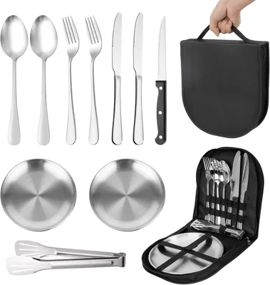 Produktbild von Campingbesteck für 2 Personen, 10-teiliges Campingbesteck aus Edelstahl mit Löffel, Gabel, Flammenmesser und Zange, tragbares Reisebesteck für Camping