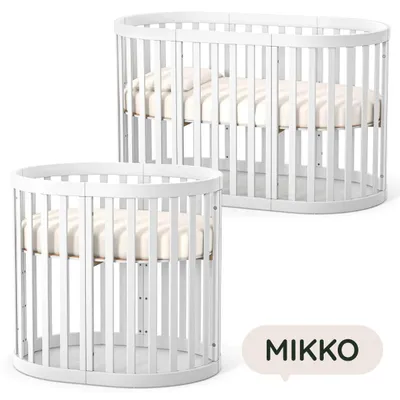 Obrázek produktu pro Oválná rostoucí přístavná dětská postýlka Mikko Gekko 2 v 1 – kolébka o rozměrech 90×70 cm a postýlka 140×70 cm. Bílá barva.