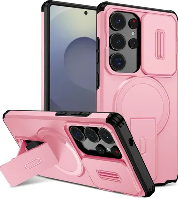Image de Étui magnétique pour Samsung Galaxy S23 Ultra, étui durable à deux couches avec protection coulissante de l'appareil photo et support ajustable Rose