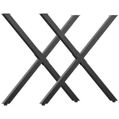 A pair of black metal table legs with an X-shaped design, presented against a white background.