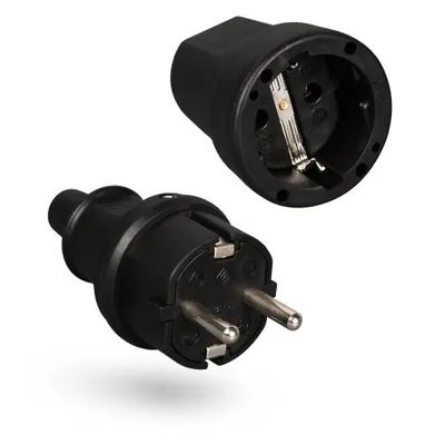 Produktbild von HEITECH Gummi Schutzkontakt Stecker & Kupplung Set schwarz - Schuko