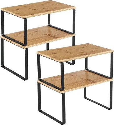 Immagine prodotto di Uniqoos® Set di 4 mensole per spezie – mensole impilabili ed espandibili per la cucina, con ripiani in legno e struttura in metallo, colore nero/naturale, capacità di carico fino a 15 kg per ogni mensola