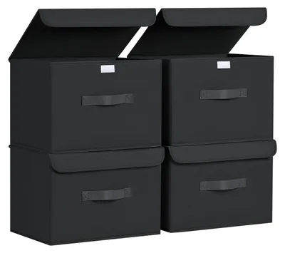 Image de Lot de 4 boîtes de rangement avec couvercles, caisse de rangement pliable avec poignée, panier en tissu, organiseur d'armoire, boîte pliable pour