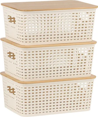Obrázok produktu pre Úložná krabica Relaxdays, sada 3 ks, s vekom, plast a bambus, s uchami, rozmery: 10,5 x 25,5 x 18 cm, organizér, biela