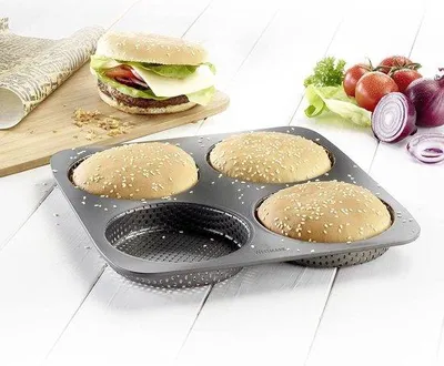 Immagine prodotto di Stampo per panini da hamburger, per 4 panini, Ø 12 cm ciascuno, acciaio, rivestimento antiaderente, grande, antracite