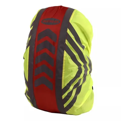 Produktbild von Wasserdichte Rucksack Regenhülle mit Reflektoren – Regenschutz Cover für Schulranzen, Fahrrad, Outdoor & Trekkingrucksäcke – Rot / gelb Größe M