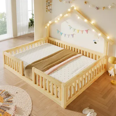 Produktbild von Hausbett Holz mit LED-Lichterkette Rausfallschutz Sicherheitsgitter stabil, 140x200 cm natur