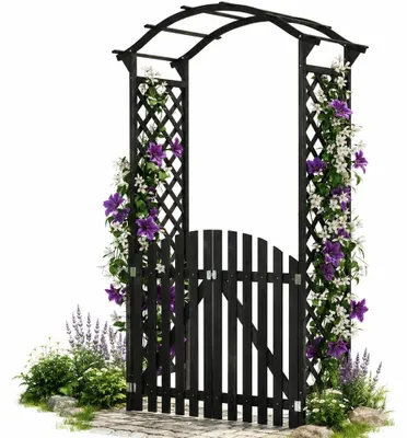 Produktbild von Mucola Rosenbogen mit Tor Pergola Rankhilfe Torbogen Spalier Holz Rankgitter Rankgestell Pergola Rosensäule Gartenbogen - Schwarz