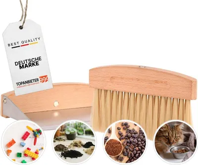 Produktbild von TOPANBIETER 999 Premium Tischkehrset 2-teilig – Mini Handfeger & Kehrblech aus Holz & Metall, magnetisch verbunden, klein, leicht & tragbar für Küche