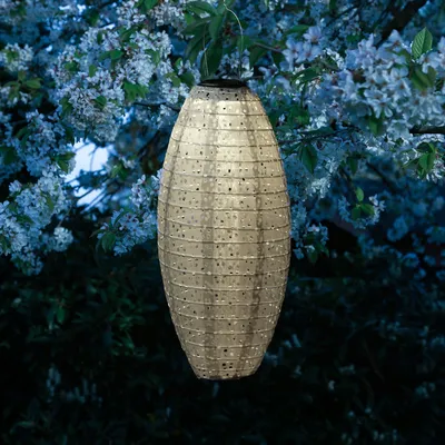 Produktbild von LED Solar Lampion oval - mit Blumenmuster - warmweiße LED - H: 40cm - D: 20cm - Lichtsensor - beige