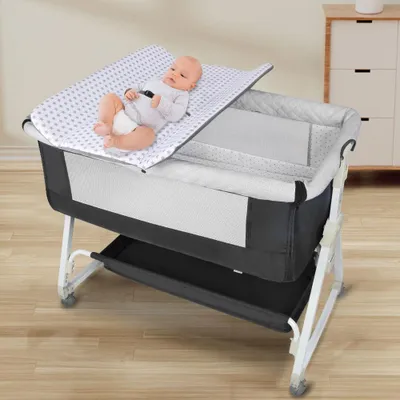 Produktbild von 3 in 1 Beistellbett,Reisebett Baby mit Matratze & Wickelauflage,Babybett 6 Fach höhenverstellbar mit Aufbewahrungskorb für Baby bis 12 Monaten Schwarz