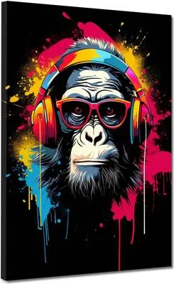 Produktbild von Pop Art Affe mit Kopfhörer und Brille Leinwandbild Wandbild Kunstdruck XL Wanddeko: 60x80x4cm