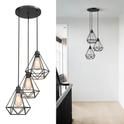 Obrázek produktu pro Závěsná lampa YRHome s kulatou základnou, vintage design, 3 žárovky, nastavitelný kabel, žárovky E27 v balení, snadná montáž do obývacích prostor