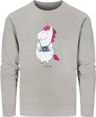 Produktbild von Mr. & Mrs. Panda Baumwoll Sweatshirt Einhorn Fotograf Größe L - Heather Grey - Geschenk, Sweater, Pullover, Bio-Pullover, Reisen, Unicorn, Kamera, Städtereise, Urlaub