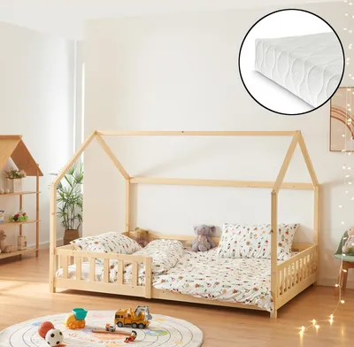 Produktbild von Detská posteľ "Hesel" s ochranou proti vypadnutiu matraca Lamelový rošt 120 x 200 cm vzhľad dreva