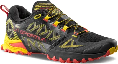 Trailrunning-Schuh "Bushido III Wide Gtx" von La Sportiva in Schwarz; Gelb und Rot; mit Schnürsystem und griffiger Sohle.