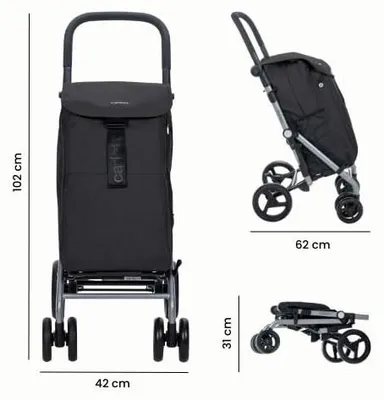 Produktbild von Carlett Einkaufstrolley mit 4 Rädern, faltbar, 53 L Tasche bis 15 kg + 10 L Thermofach, höhenverstellbarer Griff, Sicherheitsbremse, auf 2 Räder