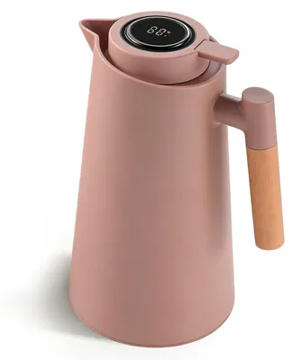 Thermoskanne 1L mit Temperaturanzeige, Kaffee-Isolierkanne, Holzgriff