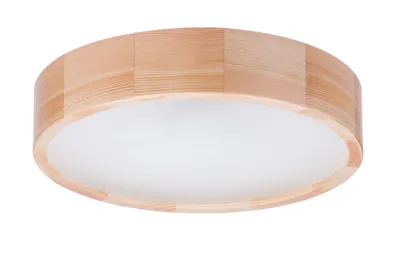 A round wooden ceiling lamp with a white diffuser.