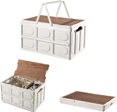 Imagen del producto de Caja de almacenamiento plegable con tapa de madera y asa, de 30 litros, con dimensiones de 42 x 28,5 x 23,5 cm, ideal para camping