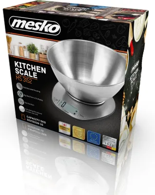 Zdjęcie produktu dla Mesko Home MS 3152, Elektroniczna waga kuchenna, 5 kg, 1 g, Stal nierdzewna, Stal nierdzewna, Blat