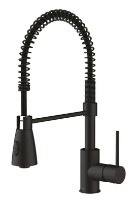 A black kitchen faucet with a coiled hose and a pull-down spray head, presented against a white background.