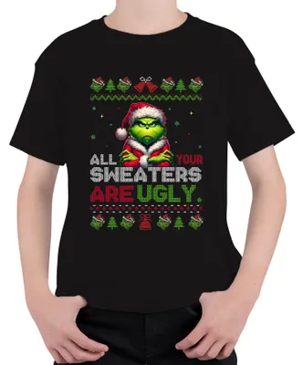 Produktbild von All Your Sweaters Are Ugly Grinch Weihnachten Lustig Geschenk Uni Kinder T-Shirt, Schwarz, 128