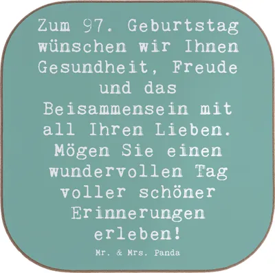 Produktbild von Mr. & Mrs. Panda Holzuntersetzer Spruch 97. Geburtstag - Meeresbrise - Geschenk, Untersetzer für Gläser, Lächeln, Glückwunsch, Gesundheit, Coaster, Glas, Jubiläum, Liebe