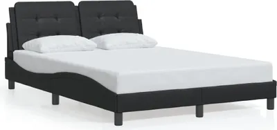 A black faux leather bed frame with a tufted headboard and two white pillows, shown on a white background.