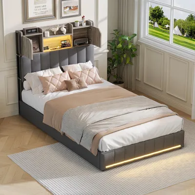 Produktbild von Bettgestell - Gepolstertes Bett mit LED-Beleuchtung - 2 Schubladen - Kopfteil mit Stauraum - Leinenstoff - 140×190 cm - Grau