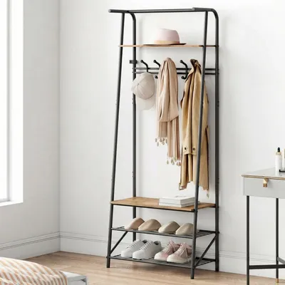 Zdjęcie produktu dla Szafka na buty i siedzisko, wielofunkcyjna szafka do przedpokoju (4 w 1), 5 haczyków, 4 półki, metalowa konstrukcja, wygląd drewna, 60 cm, kolor vintage