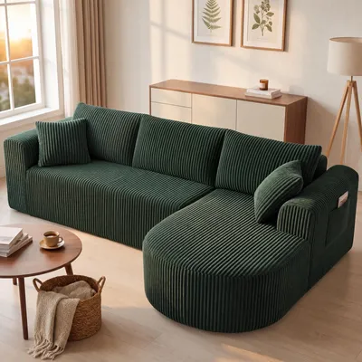 Obrázok produktu pre COMHOMA Rohová sedačka s možnosťou rozloženia na lôžko, 263 cm, corduroy, modulárna, bez kostry, s chaise longue, rohová sedačka s možnosťou rozloženia na lôžko, modulárne sedačky s vankúšmi a bočnými vreckami