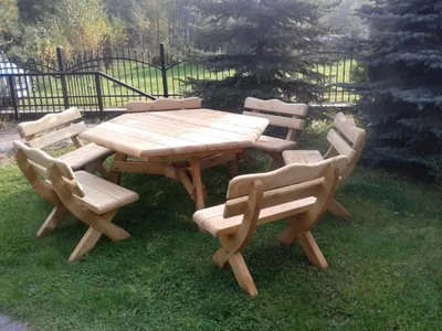 Produktbild von Gartenmöbel-Set SI-SZ aus Holz – Tisch + 6 Bänke (Komplettset), Naturholz