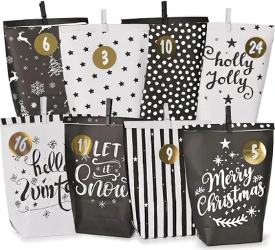 Produktbild von Adventskalender zum Befüllen - Schwarz-Weiß Motiv-Papier Tüten - Weihnachtsdekoration