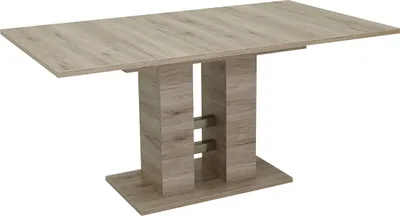 A dining table with a wooden finish and a modern pedestal base.