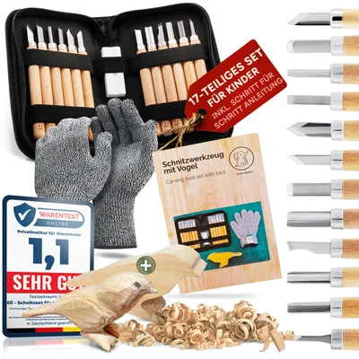 Produktbild von Eli® Schnitzset für Kinder (17-teilig) inkl. Schnitzanleitung - Rohling aus Holz Motiv Vogel - 12 Schnitzwerkzeug mit Schleifstein mit prakt. Tasche