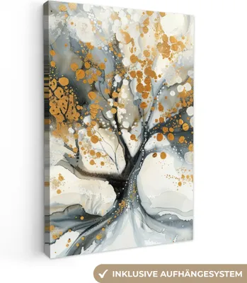Produktbild von MuchoWow® - Leinwandbilder - Baum - Modern - Abstrakt - Gold - Schwarz - Weiß, Wandbild, Wanddeko Bilder Wohnzimmer, 80x120cm