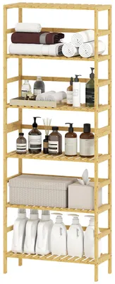 Produktbild von Standregal verstellbare Böden, Bücherregal Bambus 6 Ebenen, Bambusbücherregal Natur | Kippschutz | 11 Höheneinstellungen | 60 x 26 x 161 cm