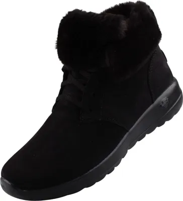 A black boot with a fur trim is shown against a white background.