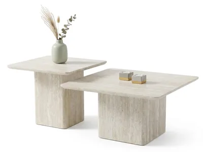 Produktbild von HOOZ® Couchtisch 2er Set quadratisch – stapelbar & zusammenschiebbar – Satztisch mit massivem Mittelfuß für Wohnzimmer in Traventin-Optik Kalk 80&60cm