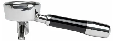 A professional studio shot of a coffee portafilter with a black handle against a white background.