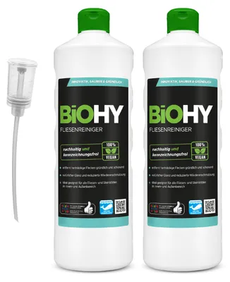 Produktbild von BiOHY Fliesenreiniger (2x1l Flasche) + Dosierer | speziell entwickelt für Stein- & Fliesenböden | hinterlässt eine schmutzabweisende Glanzschicht | entfernt jegliche Art von Schmutz mühelos