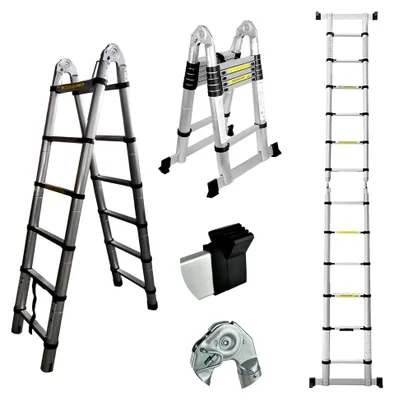Produktbild von Teleskopleitern 1,9-3,8 m Tragbare Aluminiumleiter, Gerade Leiter/A-Rahmenleiter, Tragfähigkeit 330 lb/150 kg, EN131