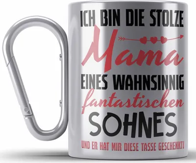 Produktbild von Trendation - Mama Geschenk von Sohn Edelstahl Tasse Karabiner Geschenkidee Muttertag Karabiner Edelstahl Tasse Karabiner Edelstahl Spruch (Silber)