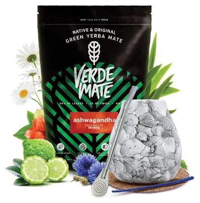Produktbild von Verde Mate - Mate Tee Set Ashwagandha 500g - Yerba Mate Dicke Blätter 5mm - Mit Keramik Becher Marmol Blanco 300ml,  Bombilla - Luftgetrocknet, Mild