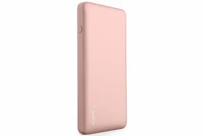 A rose gold power bank is shown against a white background.