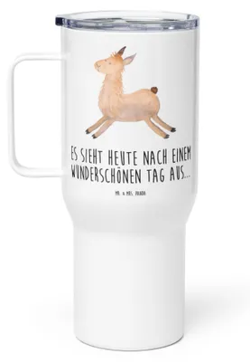Produktbild von Mr. & Mrs. Panda Thermobecher Lama Springen - Weiß - Geschenk, Teetasse, Liebeskummer, Prüfung, Edelstahlbecher, Mehrwegbecher, Abitur, Lamas, Guten Morgen, thermosbecher
