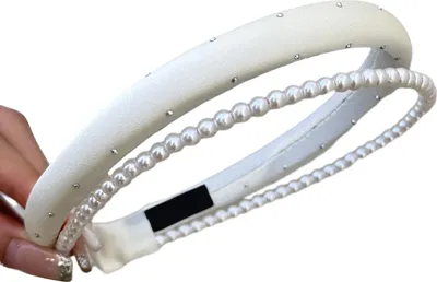 Produktbild von Haarband mit Kunstperlen, leicht, doppellagig, Haarband im französischen Stil, weich und vielseitig, Accessoire für Outfits.